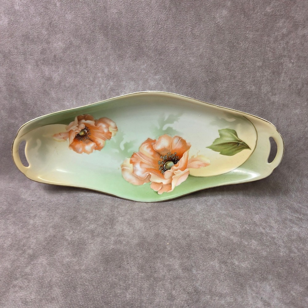 RS Germany Antique Porcelain Celery Tray Hand Painted Poppies Floral Dish 12 In.
